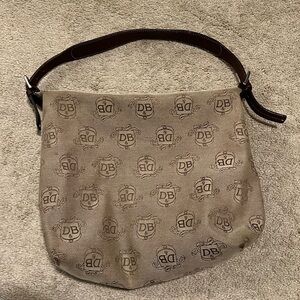 VINTAGE DOONEY & BOURKE BROWN LEATHER & CANVAS PRINT SHOULDER BAG